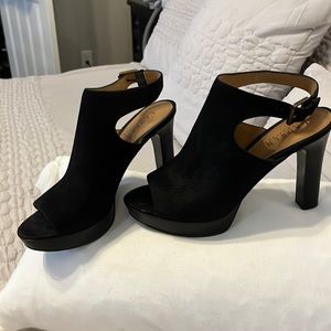 Ladies sz9 black suede,  open toe, platform heels, Lauren by Ralph Lauren.